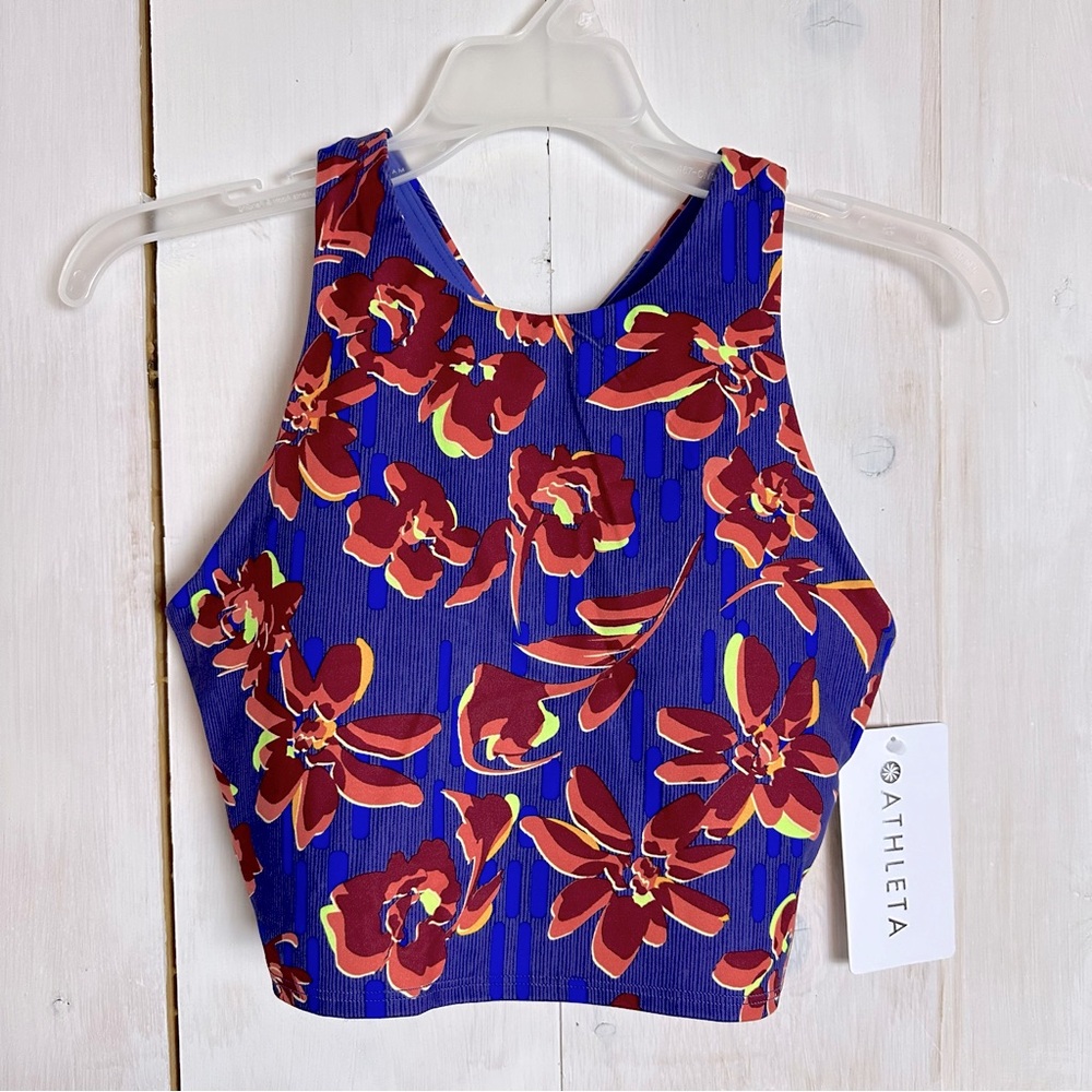 Athleta Conscious Crop Printed Purple Floral High Neck Sports Bra Small A-C Cup